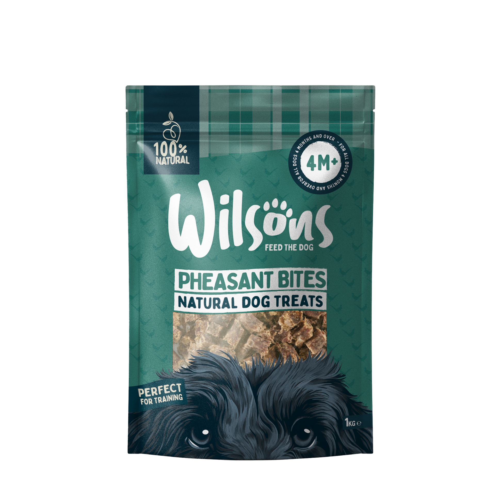 A package of Wilsons Pheasant Bites Natural Dog Treats with an image of the product spilling out in front of the package.