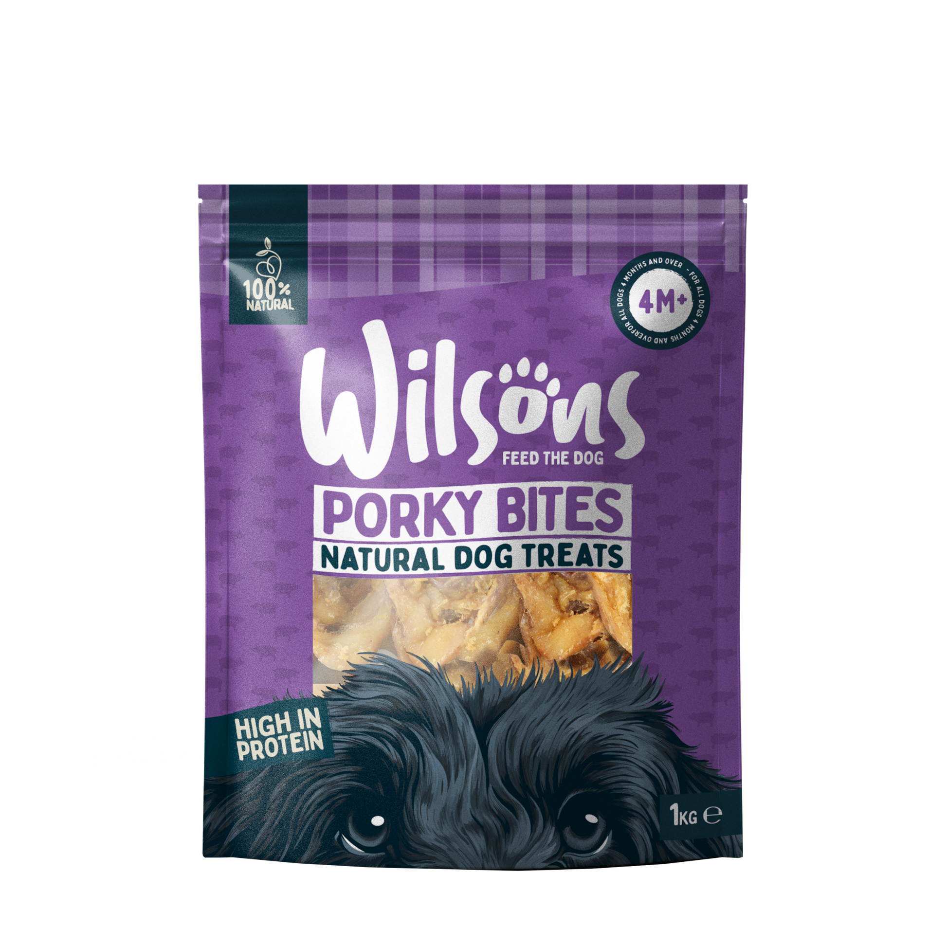 A package of Wilsons Porky Bites Natural Dog Treats with visible air-dried pork treats outside the package.