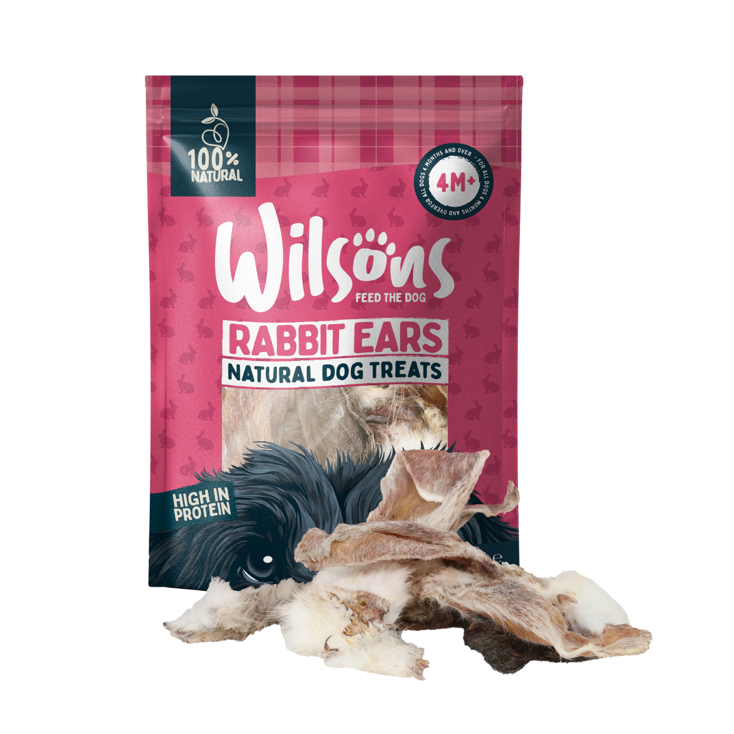 A package of Wilsons Feed the Dog Rabbit Ears Natural Dog Treats with visible rabbit ears outside the package.