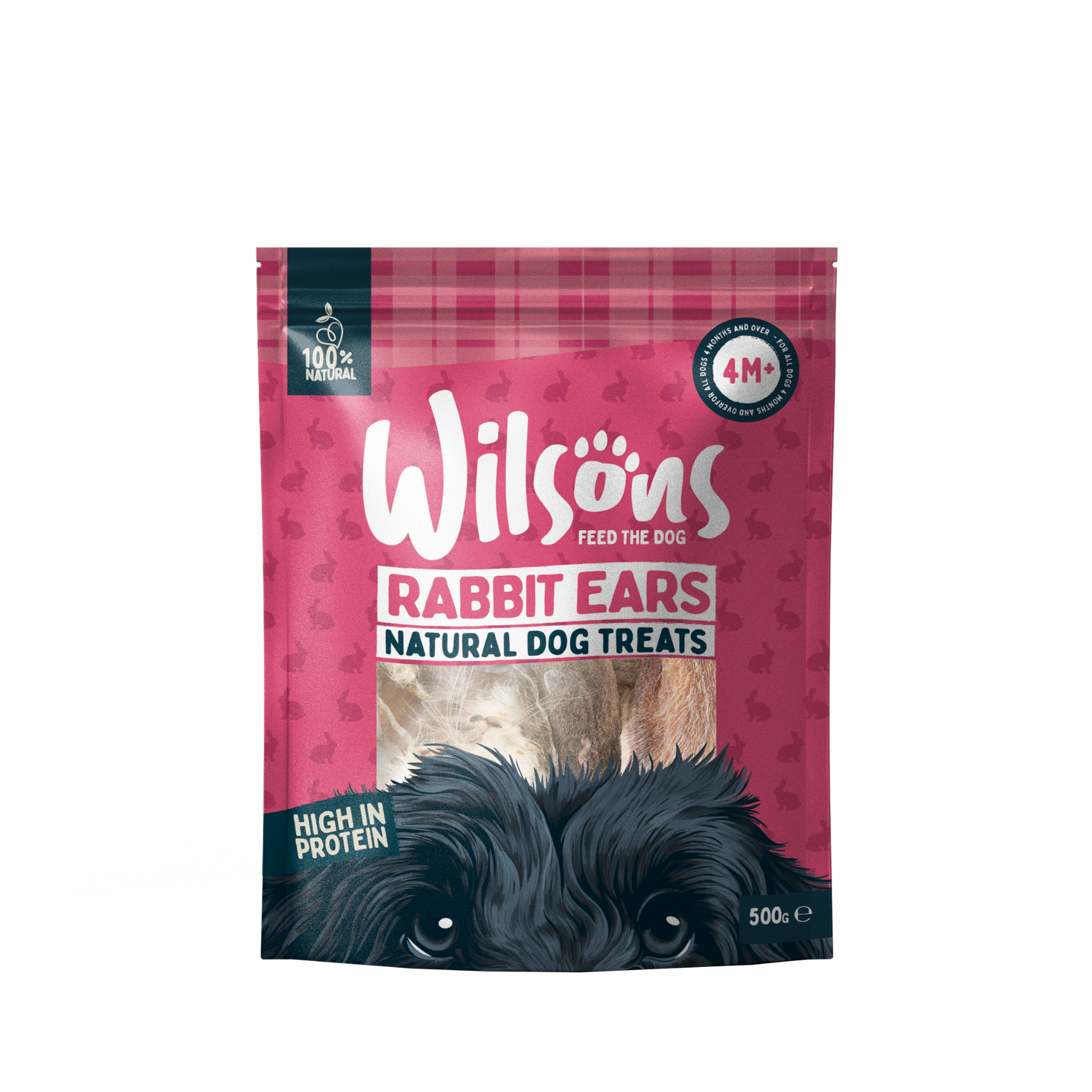 A package of Wilsons Feed the Dog Rabbit Ears Natural Dog Treats with visible rabbit ears outside the package.