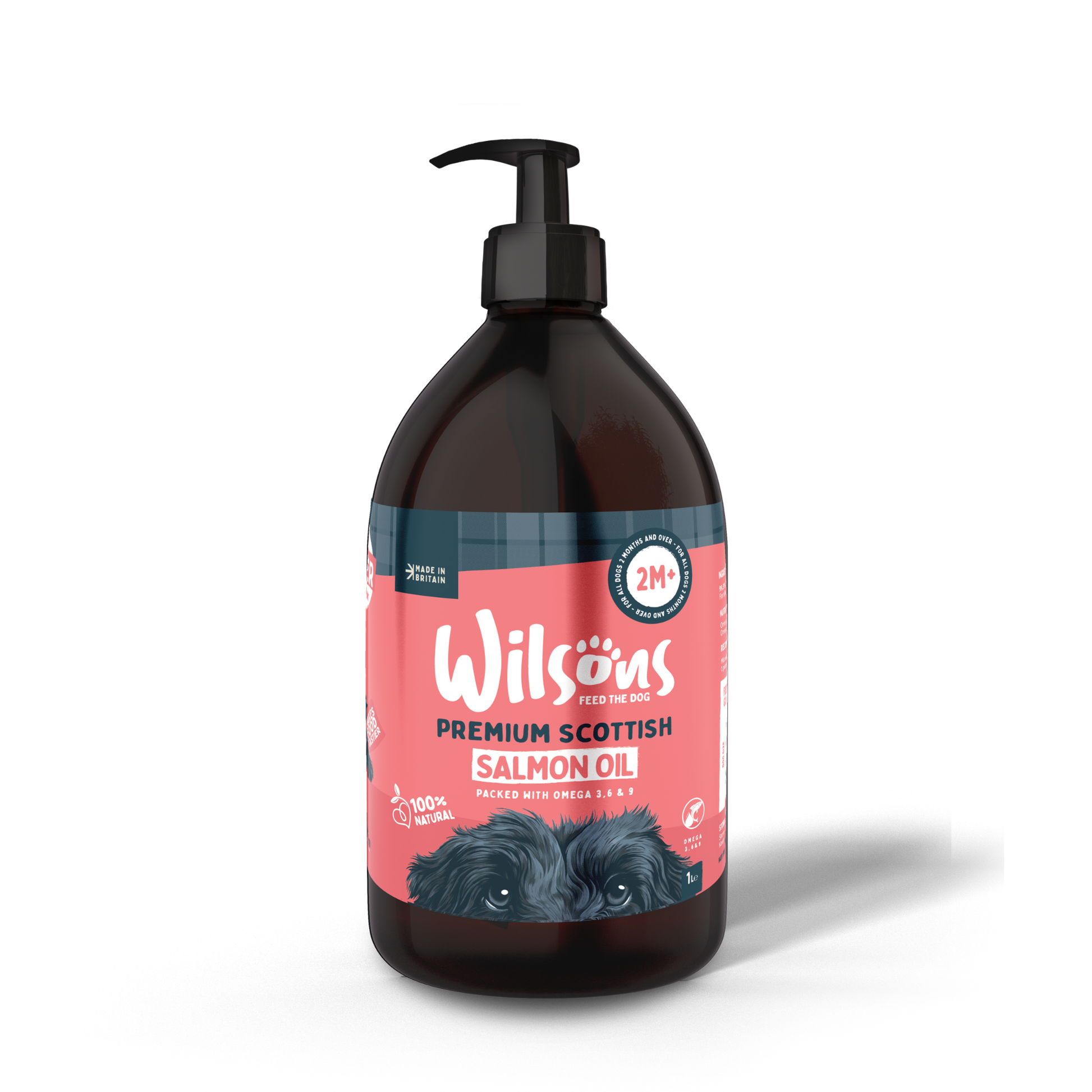 Salmon oil for dogs from Wilsons Pet Food with Premium Scottish Salmon in a bottle with pump