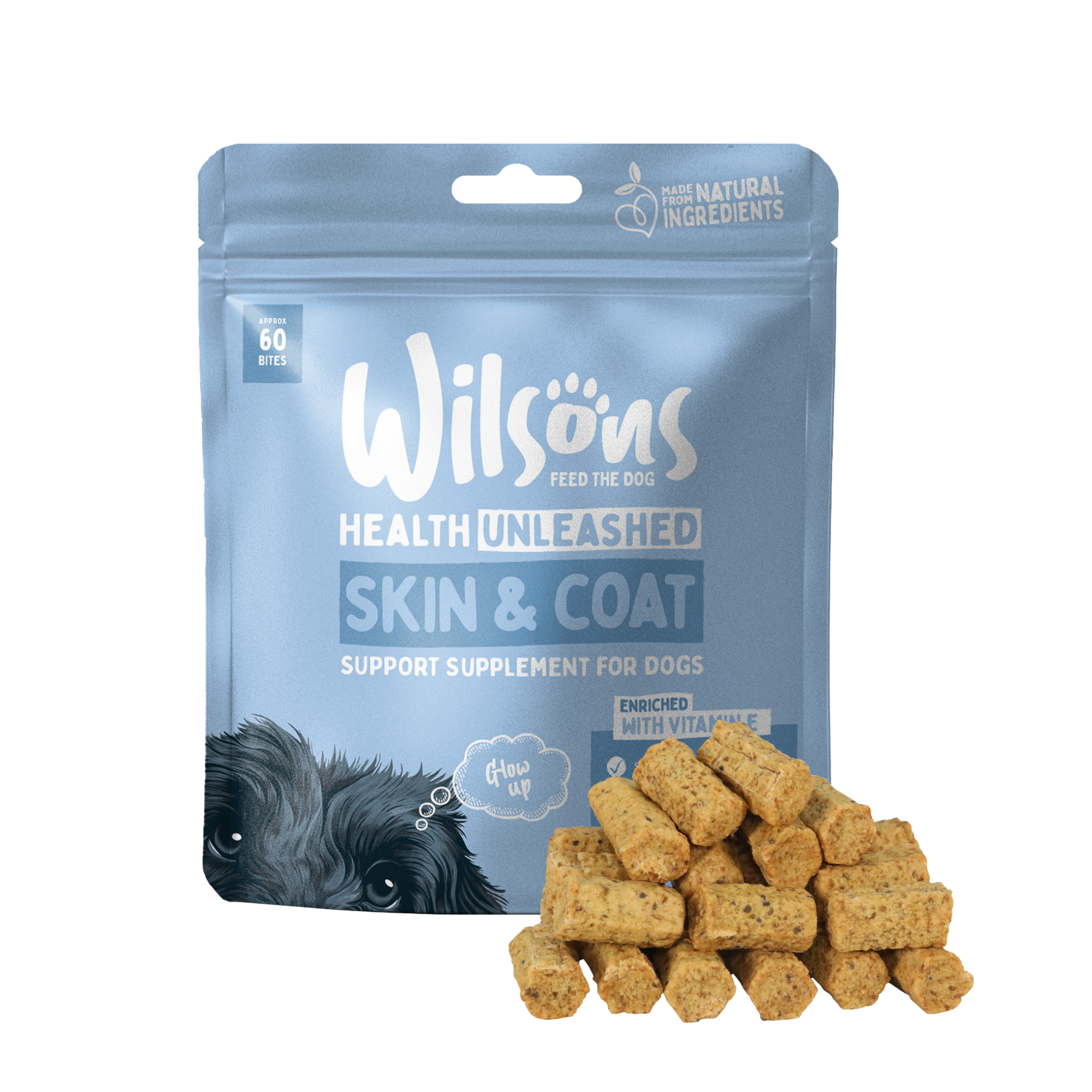 A package of Wilsons Health Unleashed Skin & Coat Support Supplement for Dogs with a visual representation of the supplement biscuits in front.