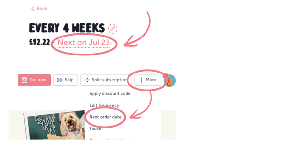 Subscription service interface with frequency and date options on a white background