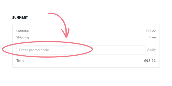 Skio online shopping cart summary with a red circle around the 'Enter promo code' field.