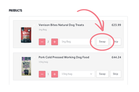 Product selection interface for dog food with 'Swap' and 'Skip' options.