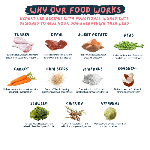 Turkey ingredients chart for fresh dog food
