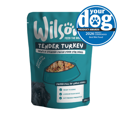 Wilson Tender Turkey fresh dog food package with a 'Your Dog' award badge 2026 highly commended best wet food