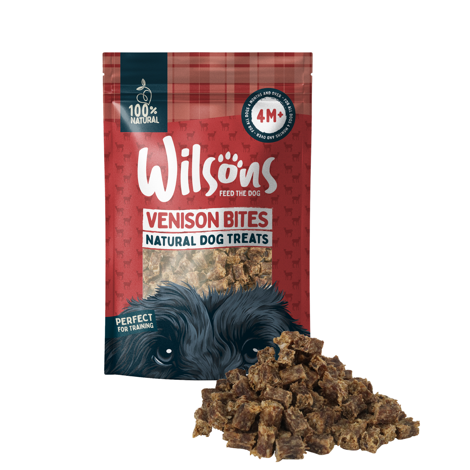 A package of Wilsons Venison Bites Natural Dog Treats with loose treats visible in front of the package.