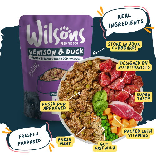 Wilsons Venison & Duck pet food packaging with ingredients displayed and promotional text - real ingredients and freshly prepared