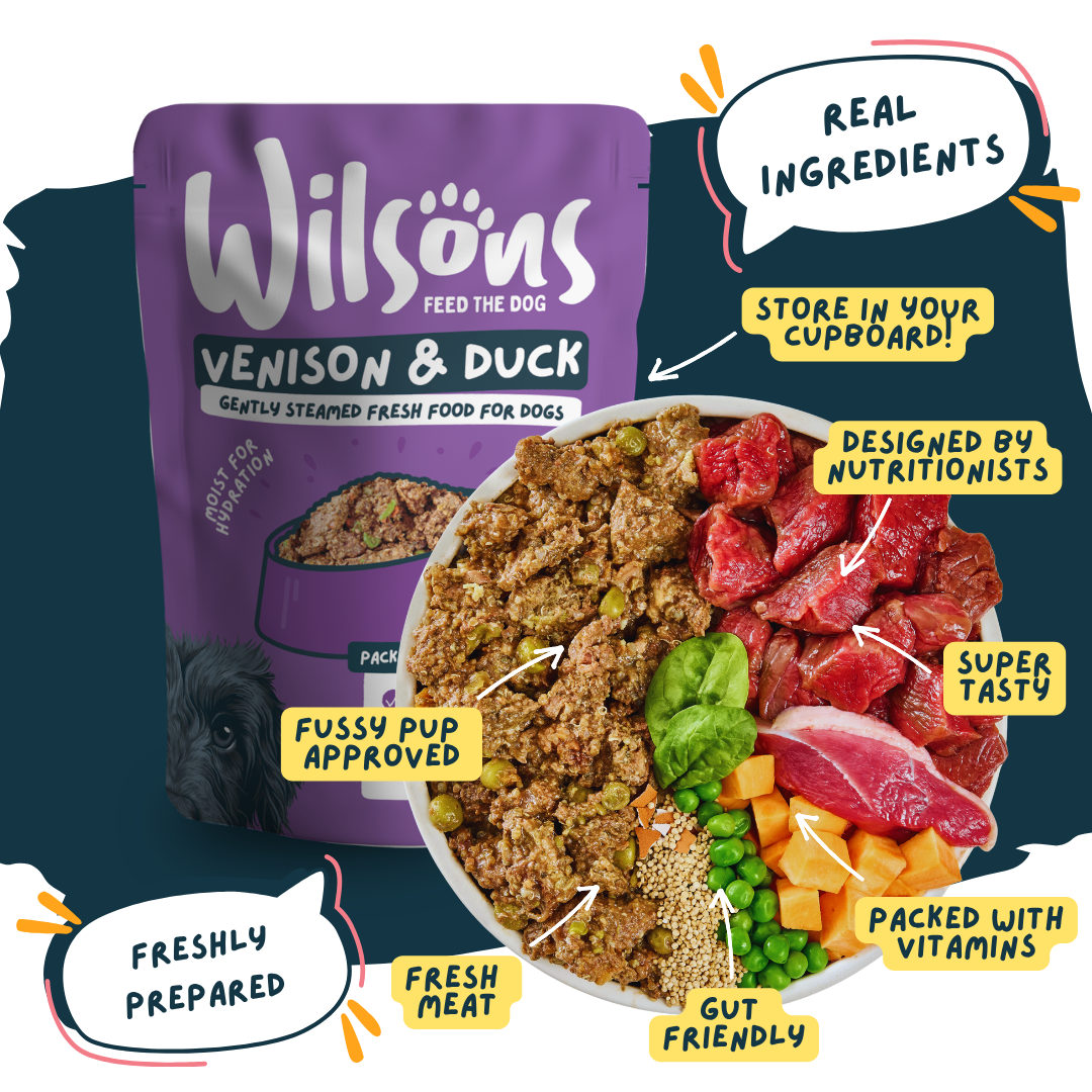 Wilsons Venison & Duck pet food packaging with ingredients displayed and promotional text - real ingredients and freshly prepared