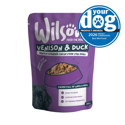 Purple package of Wilson's Venison & Duck fresh dog food with a 'Your Dog' award badge 2026 highly commended best wet food