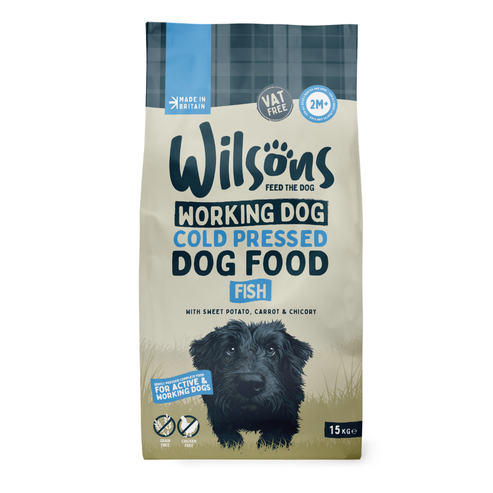 Bag of Wilsons Fish Working Dog Cold Pressed Dog Food with a dog on the label.