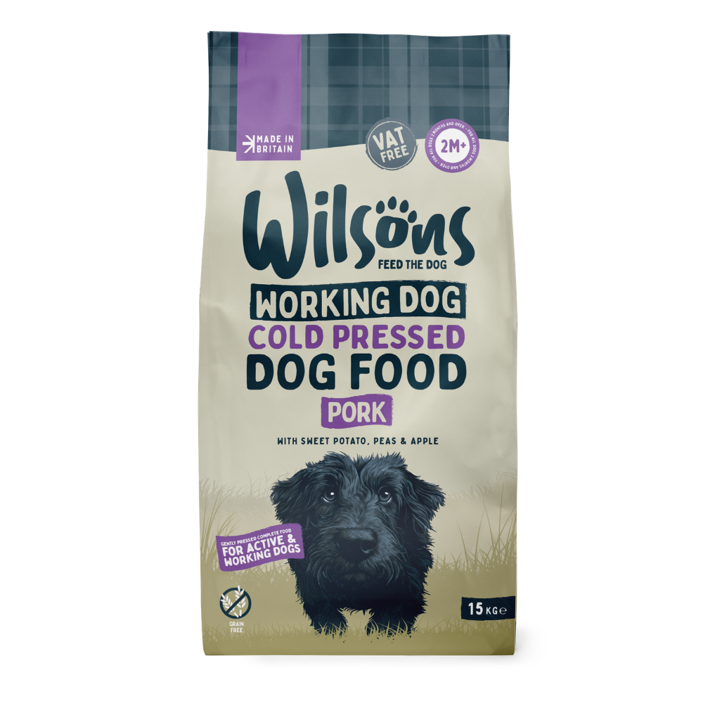 Bag of Wilsons Pork Working Dog Cold Pressed Dog Food with pork flavor on a white background