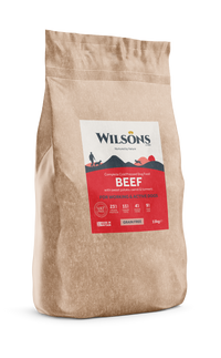 Wilsons working dog food in a Paper, Eco-friendly bag. Beef Flavour with a red label. 15KG